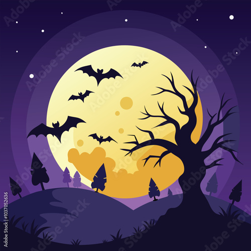 Full Moon Halloween Scene with Bats