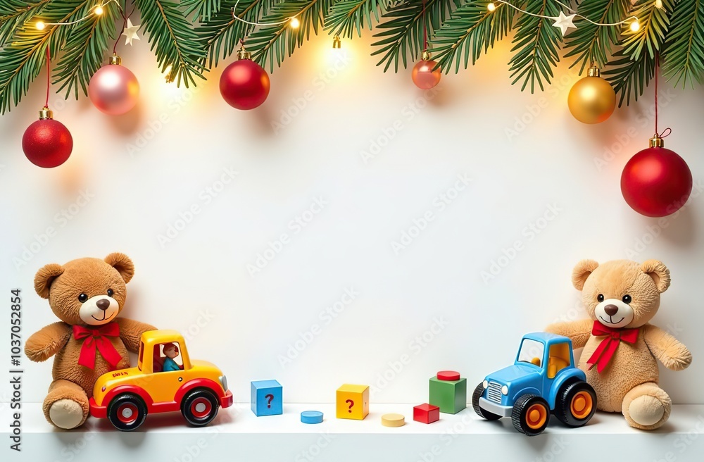 frame for text made from colourful kids toys, teddy bears, toy cars, balls, cubes, with golden garland lights, on white Christmas background, festive golden bokeh frame for text made from colourful kids toys, teddy bears, toy cars, balls, cubes, with golden garland lights, on white Christmas background, festive golden bokeh
