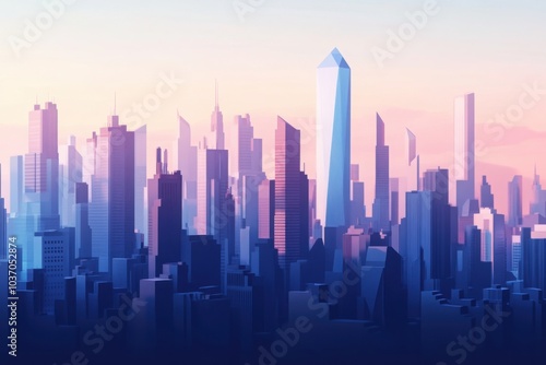 Futuristic city skyline at sunrise