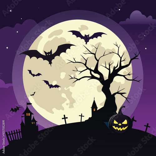 Full Moon Halloween Scene with Bats