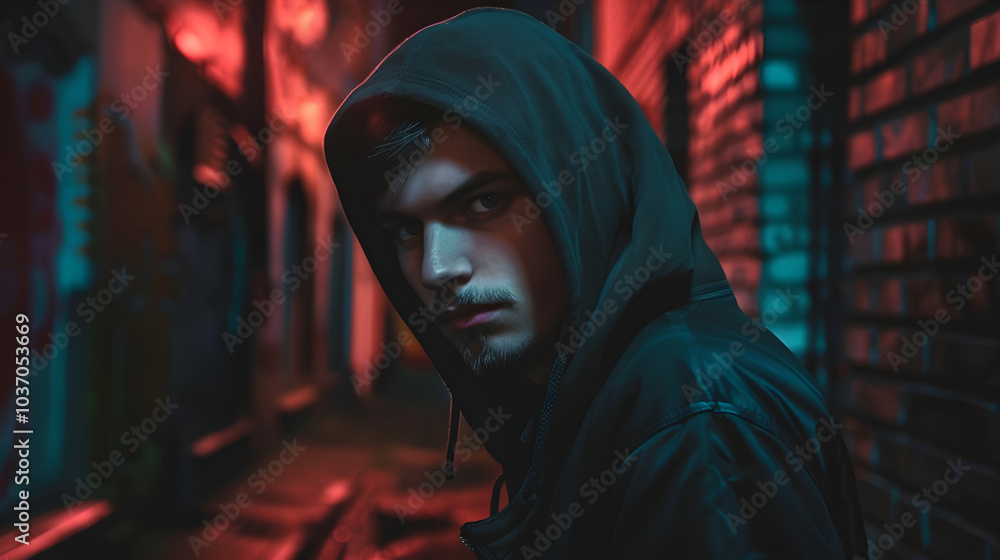 Mysterious Man in Hoodie in Dark Urban Alley at Night Mysterious Man in Hoodie in Dark Urban Alley at Night