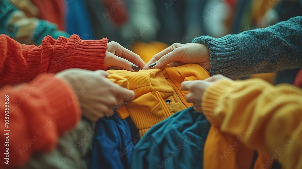 Obraz premium Community charity event with people holding and arranging donated clothes emphasizing social care and organization