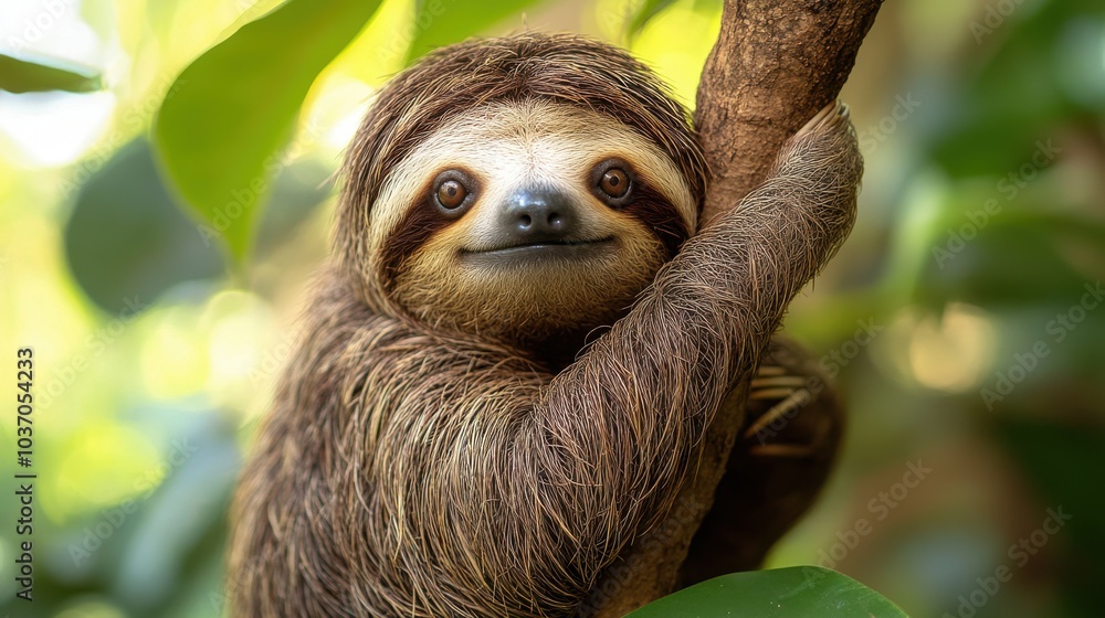 Sloth Relaxing in a Tree, Cheerful sloth clinging to a branch, surrounded by lush greenery, embodying tranquility and leisure. Sloth Relaxing in a Tree, Cheerful sloth clinging to a branch, surrounded by lush greenery, embodying tranquility and leisure.
