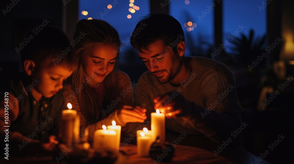 Parents and children light candles together at a home altar in a warm, intimate setting. The soft lighting the spiritual atmosphere, a family’s deep connection, faith, shared moment of reflection Parents and children light candles together at a home altar in a warm, intimate setting. The soft lighting the spiritual atmosphere, a family’s deep connection, faith, shared moment of reflection