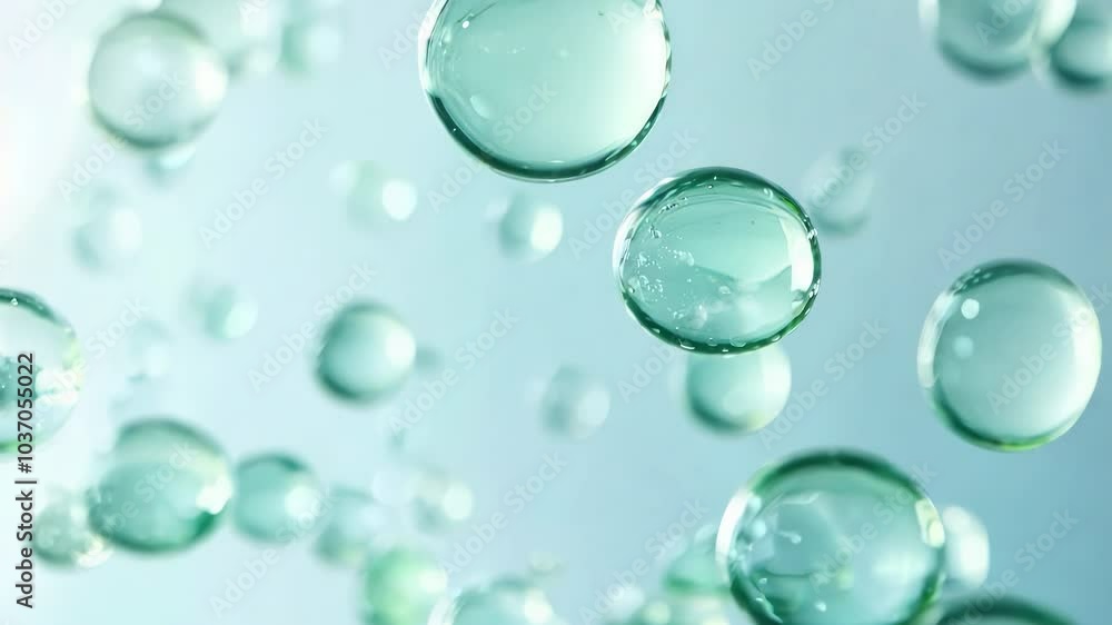 A close-up bubbles in cosmetic liquid floating on plain background. Hyaluronic acid. Crystal clear light green/mint color. Reflective liquid surface. Underwater air bubbles. A close-up bubbles in cosmetic liquid floating on plain background. Hyaluronic acid. Crystal clear light green/mint color. Reflective liquid surface. Underwater air bubbles.