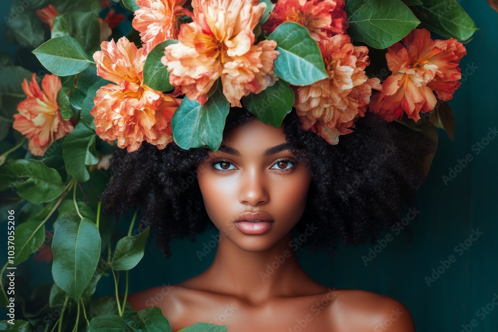 A young woman adorned with vibrant flowers and lush greenery creates a striking natural portrait in a serene setting A young woman adorned with vibrant flowers and lush greenery creates a striking natural portrait in a serene setting