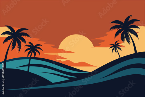 abstract wave and california palm tree vector art