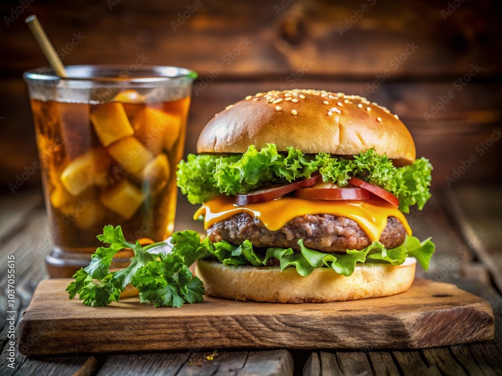 Delicious Hamburger on Wooden Table - Close Up Food Photography Delicious Hamburger on Wooden Table - Close Up Food Photography