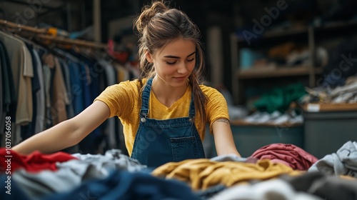 Community volunteer sorting through a pile of clothes for donation showcasing organization and charity