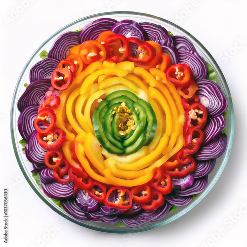 A vibrant rainbow of sliced bell peppers and red onions arranged artfully in a glass bowl.  A healthy, colorful, and visually stunning salad creation, perfect for any occasion. photo