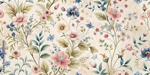A Seamless Floral Pattern with Watercolor Textures and Delicate Blooms in Shades of Pink, White, and Blue