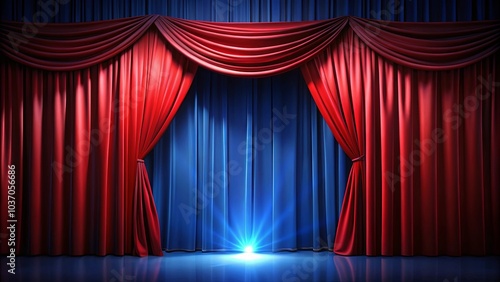 A dramatic stage setting with red velvet curtains and a blue backdrop illuminated by a bright spotlight