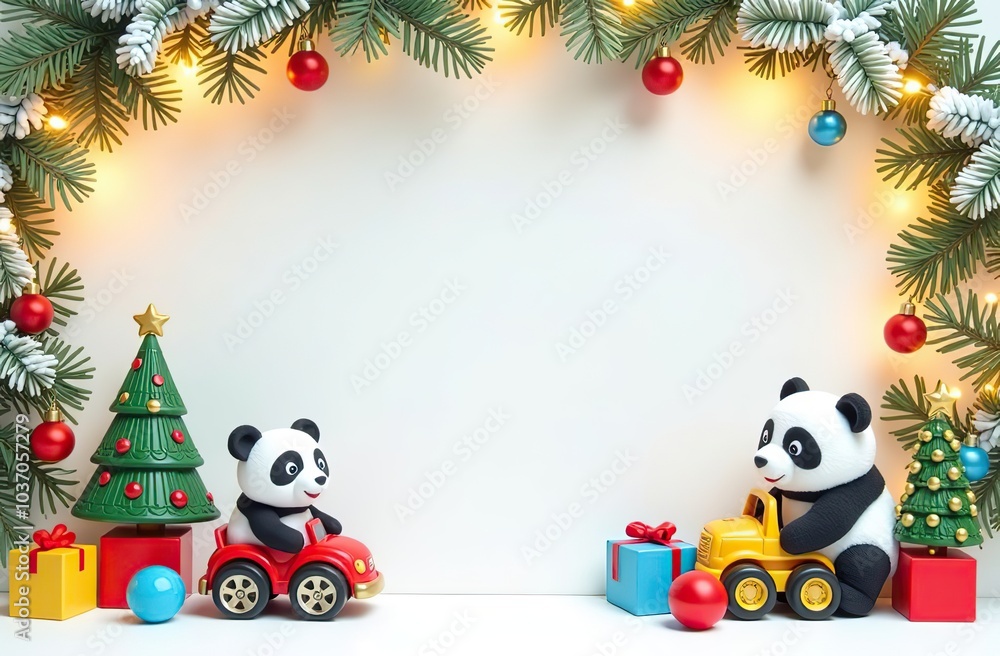 frame for text made from colourful kids toys, panda, toy cars, balls, cubes, with golden garland lights, on white Christmas background, festive golden bokeh frame for text made from colourful kids toys, panda, toy cars, balls, cubes, with golden garland lights, on white Christmas background, festive golden bokeh