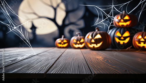 Empty wooden table top with Spooky halloween background blurred, good for product display photo