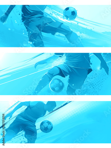 Set of cyan  backgrounds for advertising banner. Soccer ball and soccer player in action pose. Sports competition concept. For sports marketing, poster, graphic, banner, ads. 
