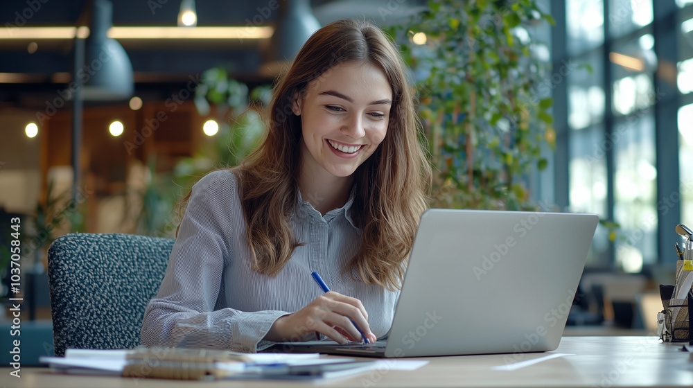 Smiling Woman Working on Laptop at Desk in Modern Office Smiling Woman Working on Laptop at Desk in Modern Office