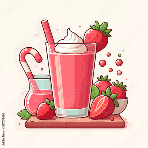 A cartoon drawing of a glass of pink strawberry juice with whipped cream on top and a straw in it. The juice is served on a wooden table with a bowl of strawberries