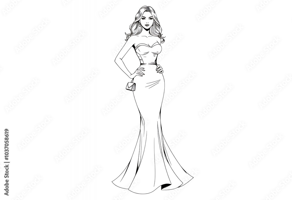 Elegant Woman in Evening Gown Fashion Illustration Line Art Sketch Design Elegant Woman in Evening Gown Fashion Illustration Line Art Sketch Design
