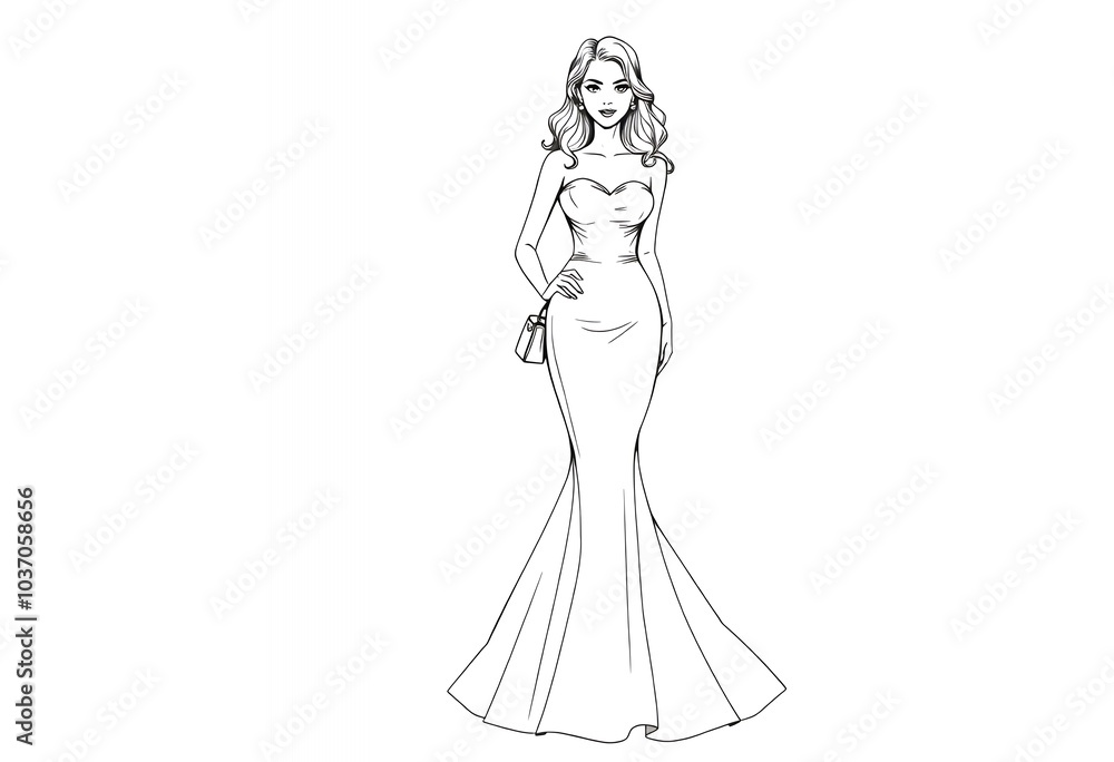 Elegant Woman in Evening Gown Line Art Illustration Elegant Woman in Evening Gown Line Art Illustration