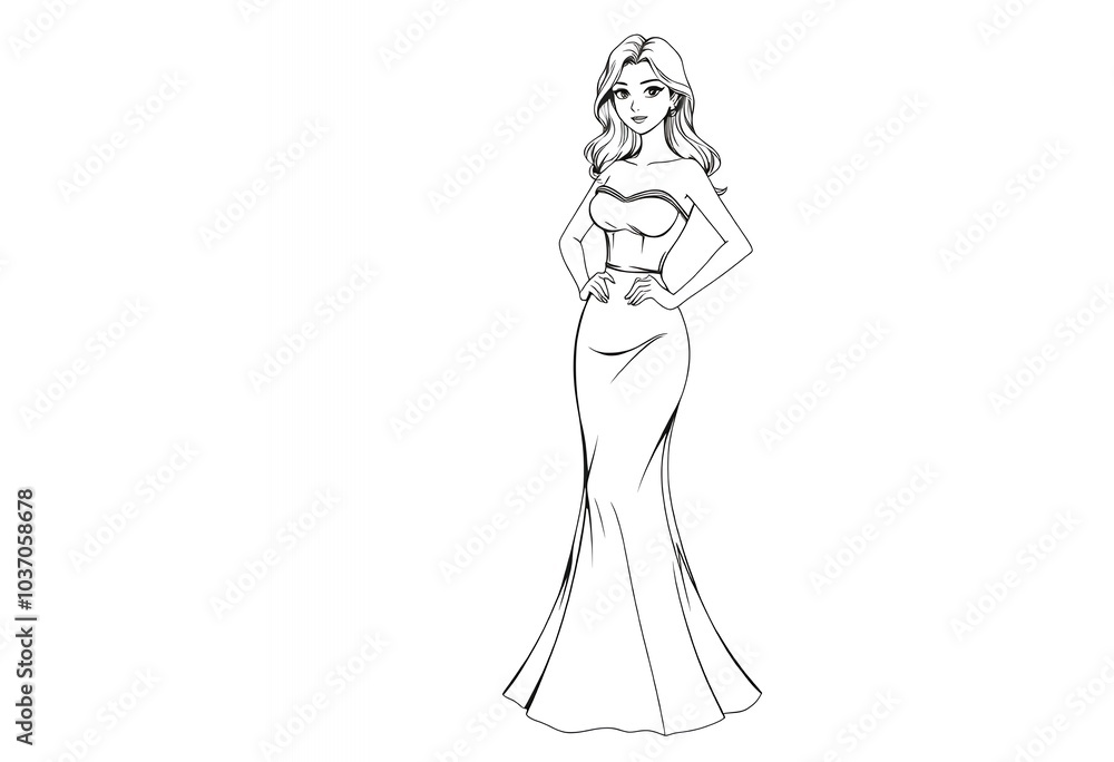 Elegant Woman in Long Dress Fashion Illustration Line Art Outline White Background Elegant Woman in Long Dress Fashion Illustration Line Art Outline White Background