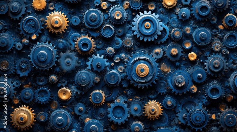 A close-up view of a large number of blue and gold gears, interlocked together, representing teamwork, collaboration, and efficiency. A close-up view of a large number of blue and gold gears, interlocked together, representing teamwork, collaboration, and efficiency.