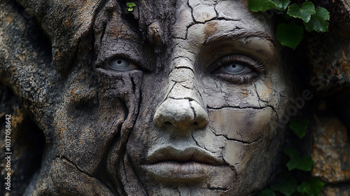 A woman's face is carved into a stone