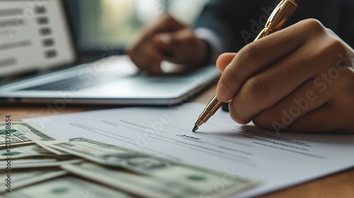 Detailed image of a rental agreement being signed with money and a rental property model on the table and a laptop showing rental listings in the background