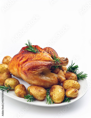 Golden-brown roasted chicken, perfectly seasoned, rests on a bed of roasted potatoes and fresh rosemary. A culinary masterpiece! Enjoy this delicious feast.