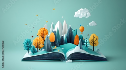 A pop-up book style artwork with 2D flat elements springing into 3D scenes