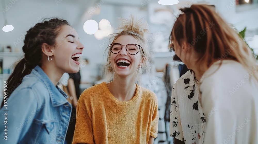 Joyful Moments: Three Friends Sharing Laughter and Connection in a Bright, Trendy Space Joyful Moments: Three Friends Sharing Laughter and Connection in a Bright, Trendy Space