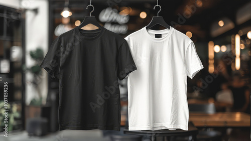 Black and white t-shirt mockup on wooden hanger