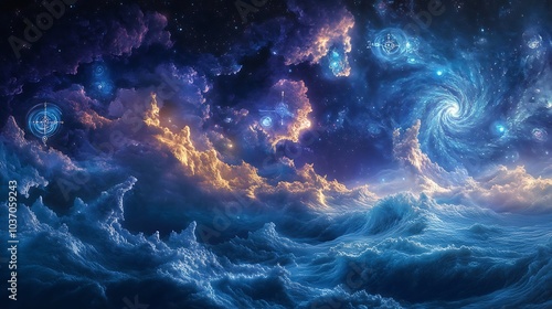 A cosmic ocean with waves forming symbols and mystical shapes