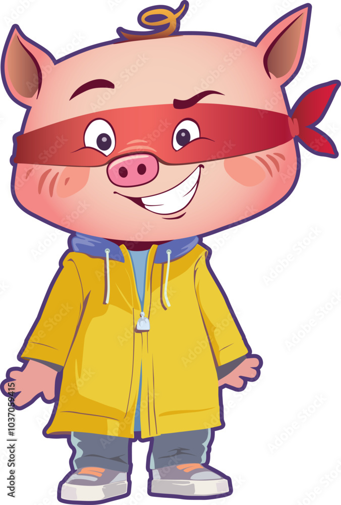 Cute Little Pig standing on two legs, wearing a red bandit mask and a casual raincoat. He is looking at camera grinning.
Isolated vector illustration on white background. Cute Little Pig standing on two legs, wearing a red bandit mask and a casual raincoat. He is looking at camera grinning.
Isolated vector illustration on white background.