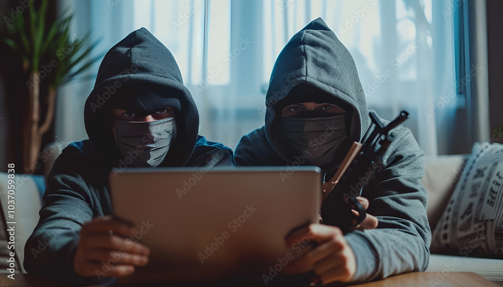 Dangerous masked criminals with weapon stealing computer from house Dangerous masked criminals with weapon stealing computer from house