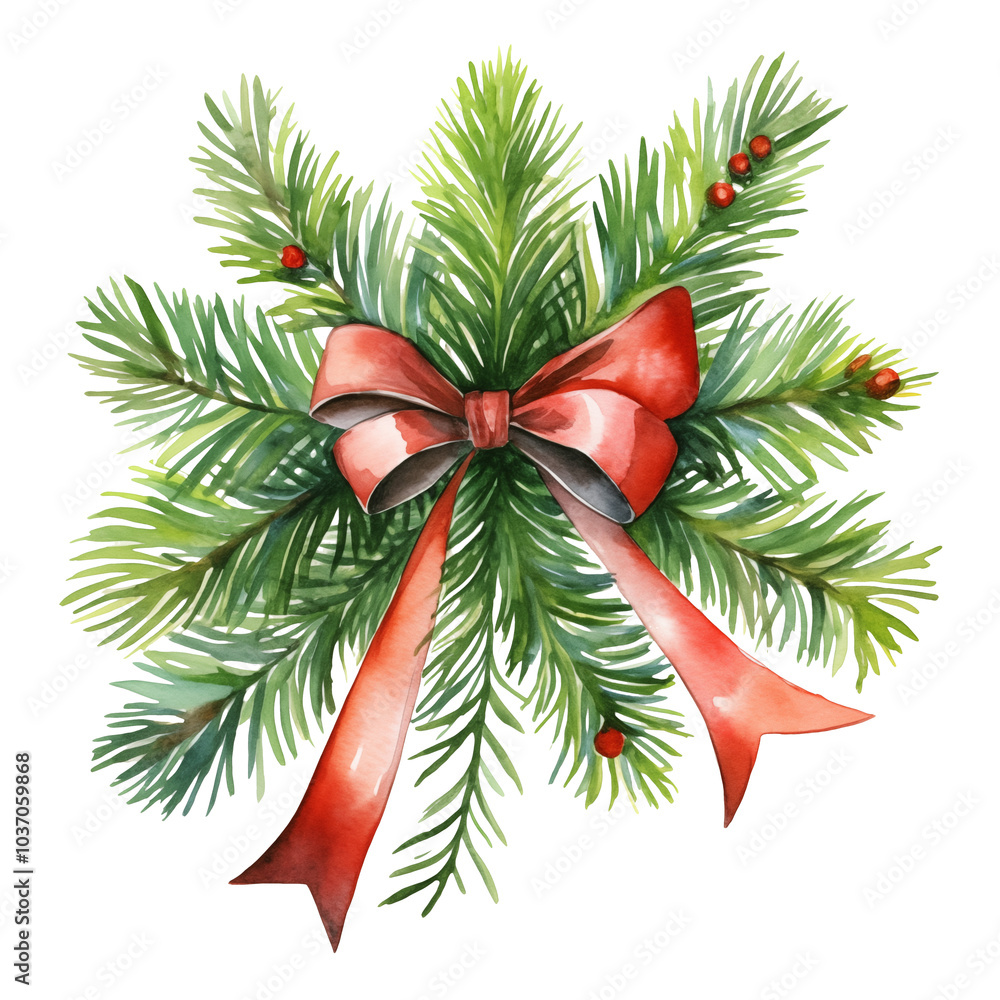 Green Fir with red ribbon IN WATERCOLOR STYLE TRANSPARENT PNG Green Fir with red ribbon IN WATERCOLOR STYLE TRANSPARENT PNG