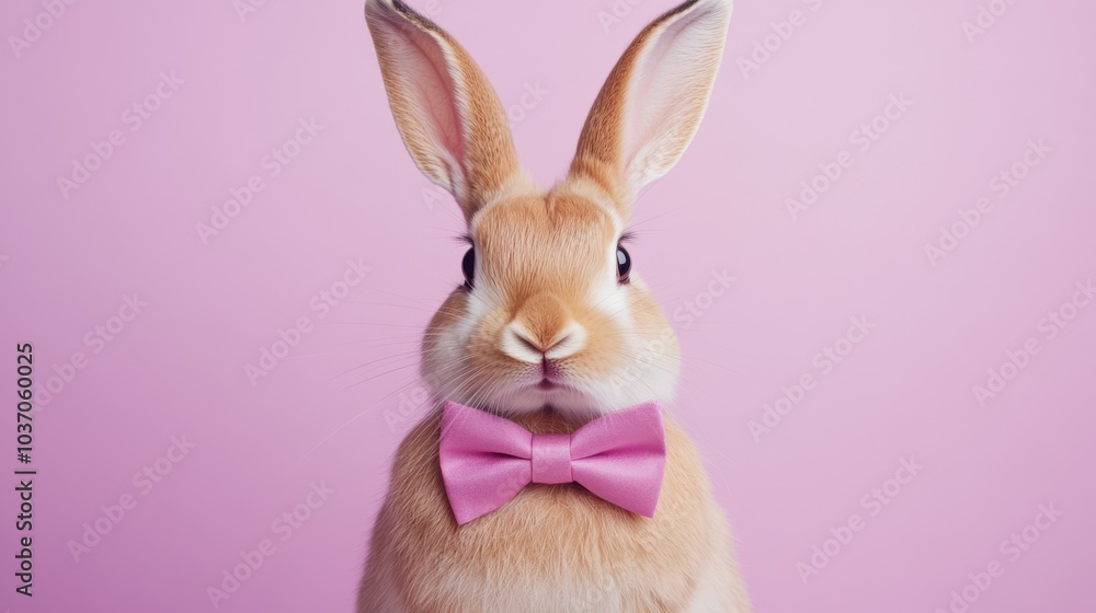 Fototapeta premium Portrait of a rabbit wearing a festive bow tie, light lavender studio backdrop, elegant and playful, bow tie, gentle backdrop, rabbit style, studio photography, copy space 