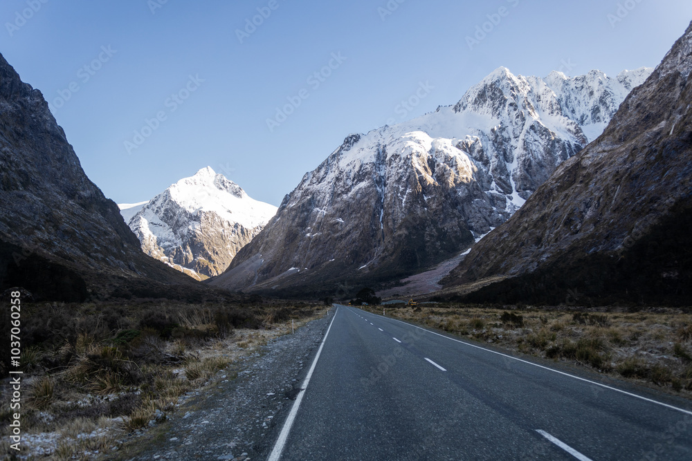Driving towards mount cook on a scenic road in mount cook national park, new zealand Driving towards mount cook on a scenic road in mount cook national park, new zealand