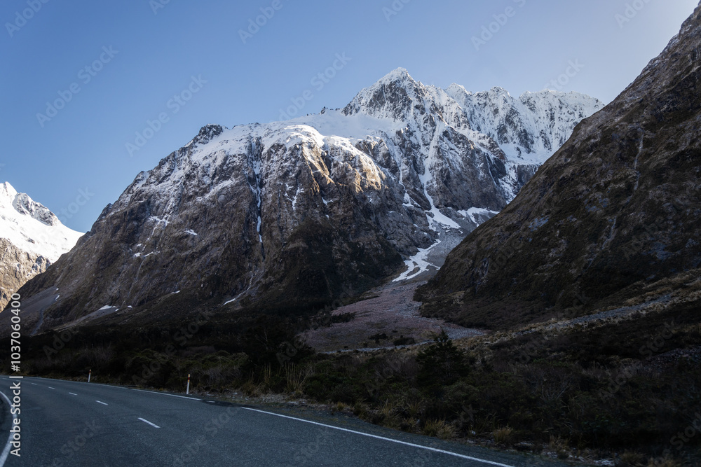 Driving towards mount cook on a scenic road in mount cook national park, new zealand Driving towards mount cook on a scenic road in mount cook national park, new zealand