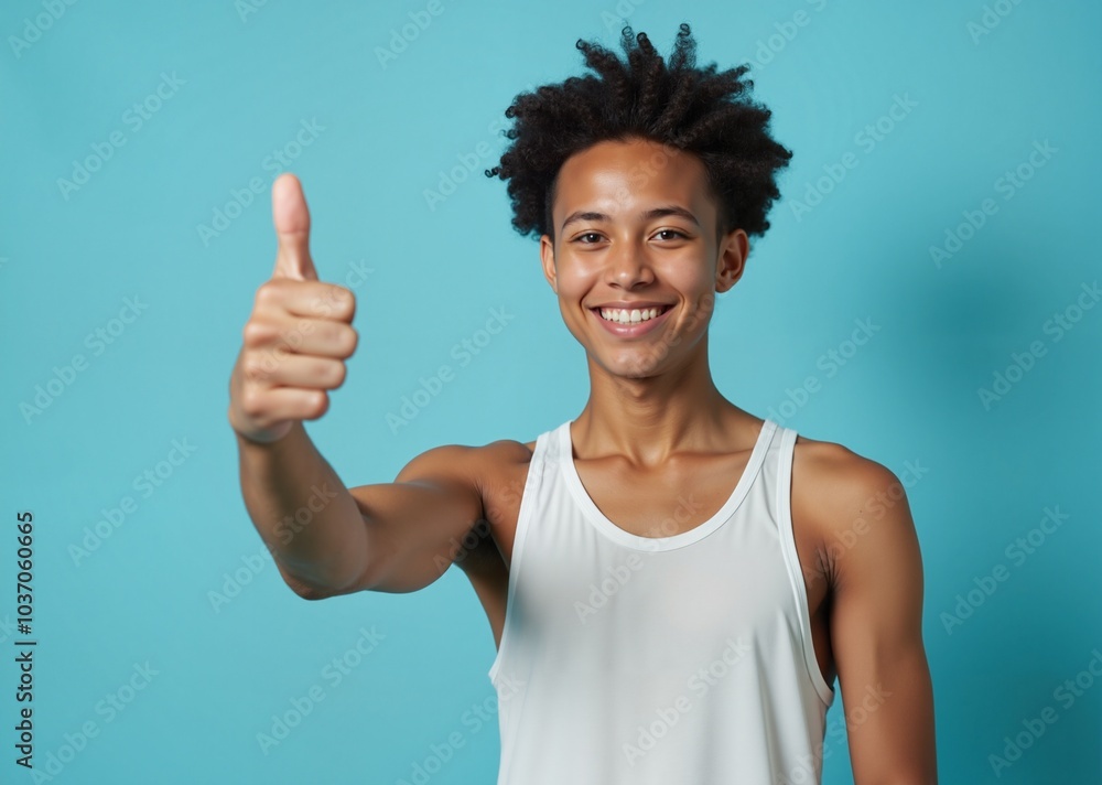 Young man with cheerful smile giving thumbs up against turquoise background Young man with cheerful smile giving thumbs up against turquoise background