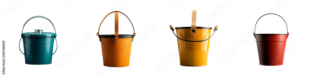 A collection of colorful buckets arranged in a line, showcasing different sizes and vibrant hues against a transparent background. A collection of colorful buckets arranged in a line, showcasing different sizes and vibrant hues against a transparent background.
