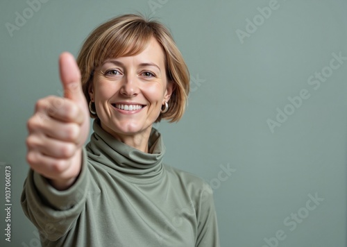 Wallpaper Mural Cheerful woman with bright smile giving thumbs up against green background with copy space Torontodigital.ca