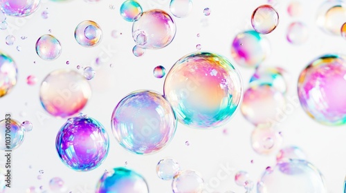 A mesmerizing display of colorful iridescent bubbles in motion