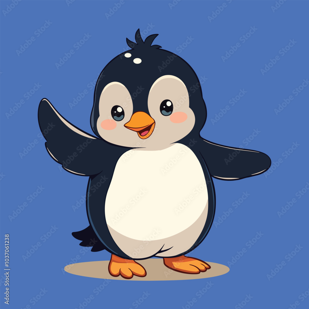 Obraz premium Happy Penguin Waving Hello: A charming illustration of a cheerful penguin waving hello. This adorable cartoon character is perfect for conveying friendliness and joy.