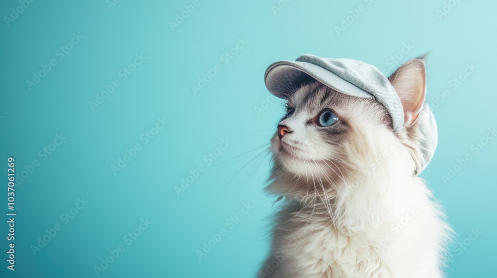 Portrait of an energetic Turkish Angora cat in a sporty cap, against a cool sky blue studio backdrop with lively lighting that captures its sleek and graceful posture, copy space. Portrait of an energetic Turkish Angora cat in a sporty cap, against a cool sky blue studio backdrop with lively lighting that captures its sleek and graceful posture, copy space.