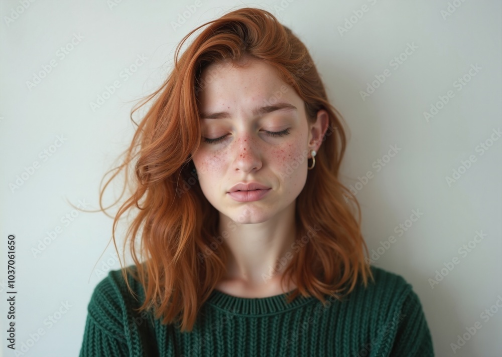 Redhead with contemplative expression resting against white background Redhead with contemplative expression resting against white background