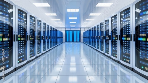 Obraz na płótnie Modern Server Room Infrastructure with Neatly Organized Racks and Cables under Soft White Lighting for Tech-Savvy Environment w salonie