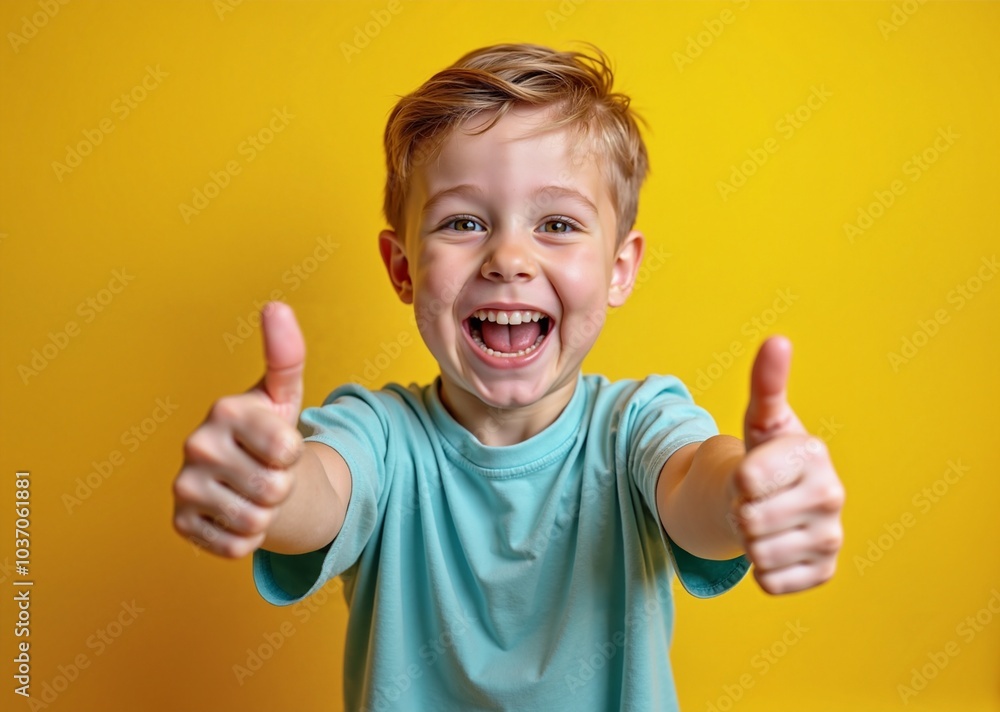 Cheerful Young Boy Enthusiastically Giving Thumbs Up Against Bright Yellow Background Cheerful Young Boy Enthusiastically Giving Thumbs Up Against Bright Yellow Background