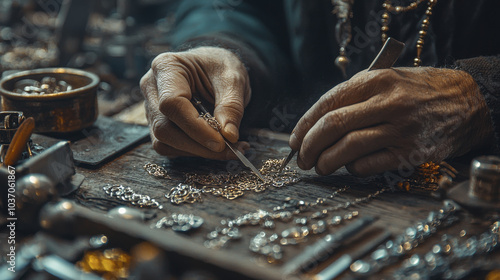 Craftsman working with silver jewelry, meticulously arranging intricate pieces on wooden table. hands show skill and dedication in art of jewelry making