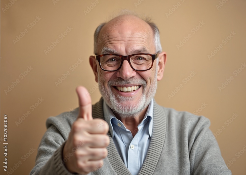 Senior man with joyful smile giving thumbs up against beige background Senior man with joyful smile giving thumbs up against beige background