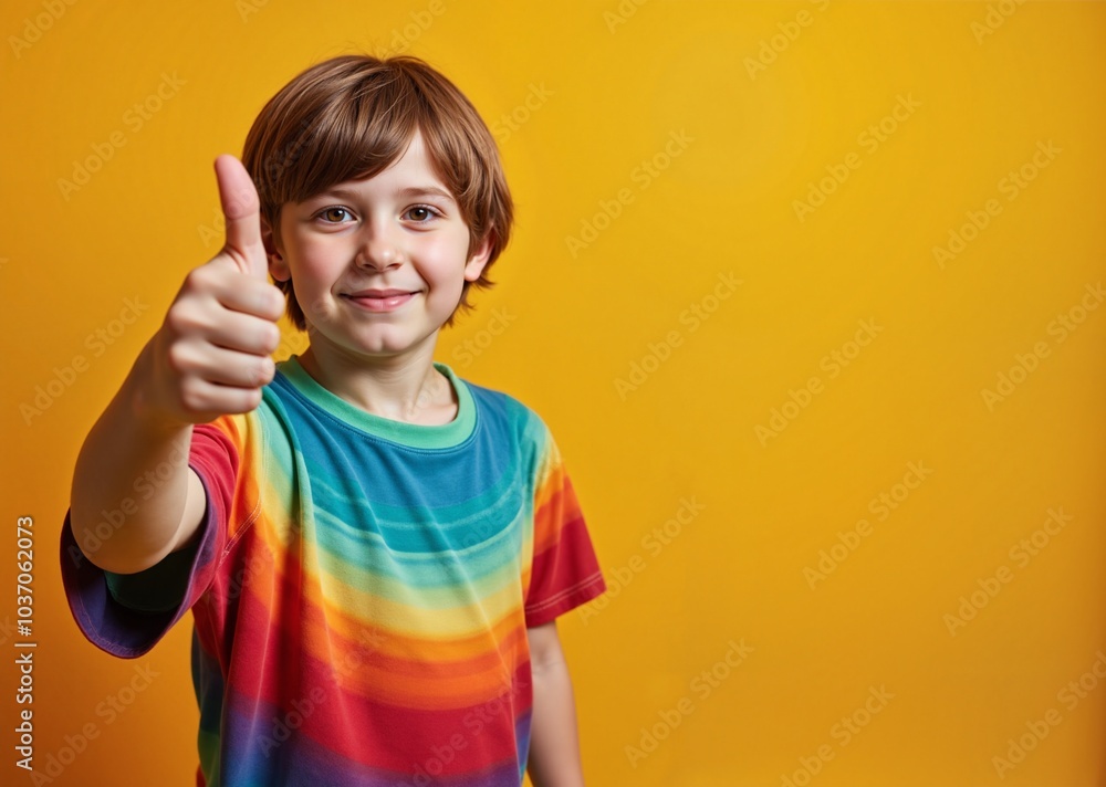 Cheerful boy with thumbs up gesture wearing colorful shirt against yellow background with copy space Cheerful boy with thumbs up gesture wearing colorful shirt against yellow background with copy space